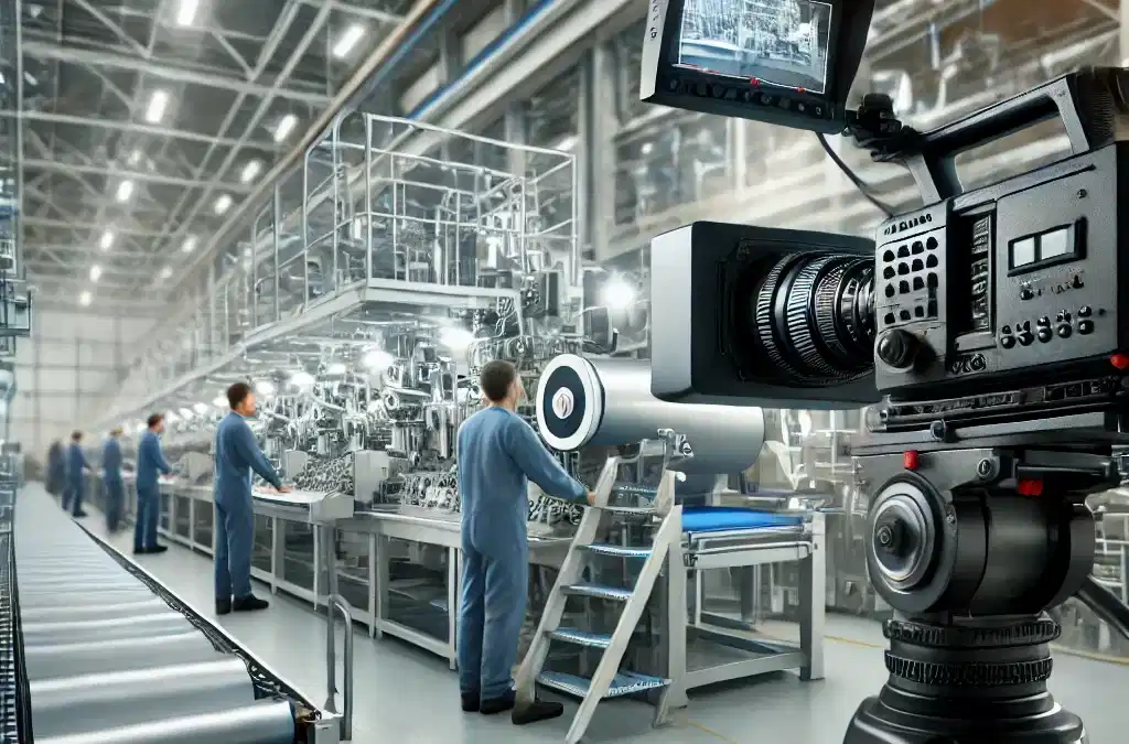 Modern bir fabrikada çalışan işçiler ve ileri teknoloji üretim makineleri, profesyonel bir kamera ekibi tarafından çekim yapılıyor.